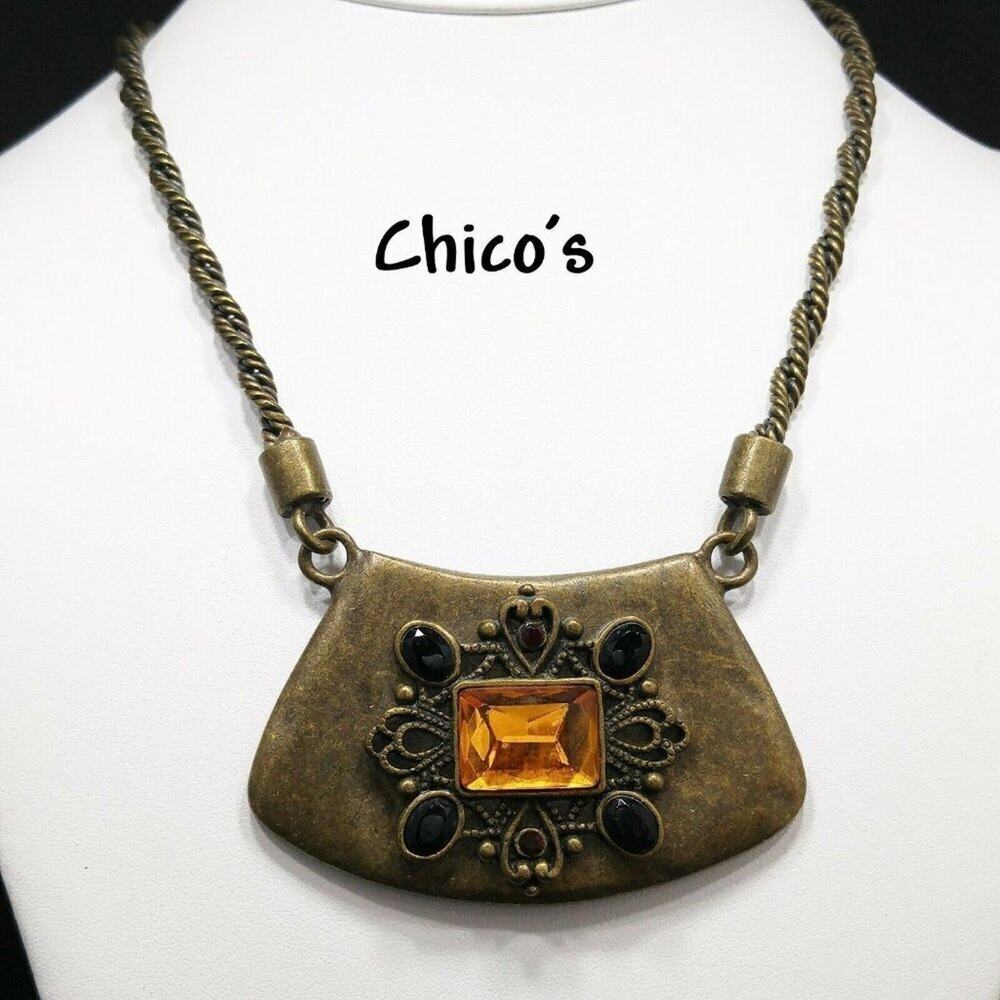 Chico’s Brass Tone Pendant Necklace Topaz Black Red Stones Boho Statement